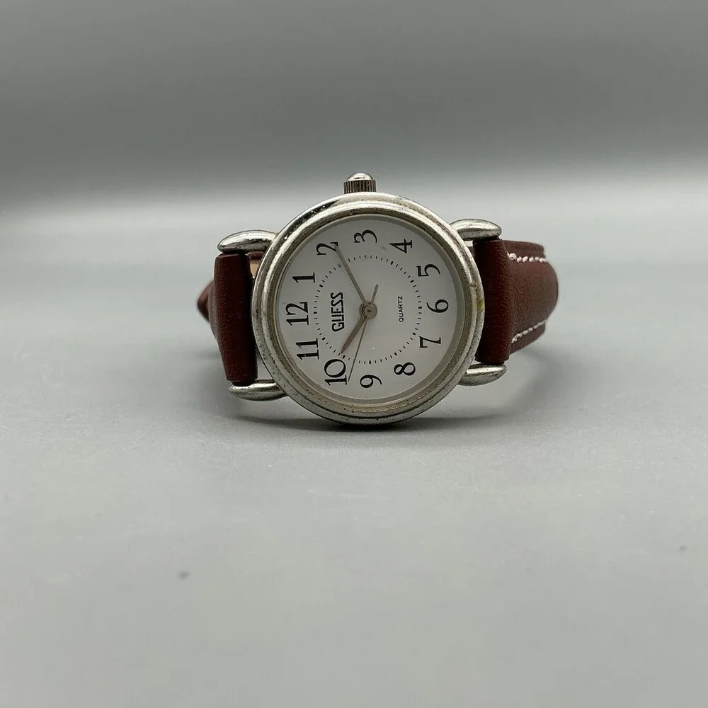 Vintage Guess Womens Watch 25mm Silver Tone White Dial Brown Leather New Battery